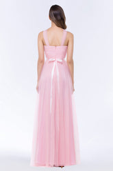 Chic Tulle Ruffle Halter Sleeveless Pearls Bridesmaid Dress with Sash-27dress